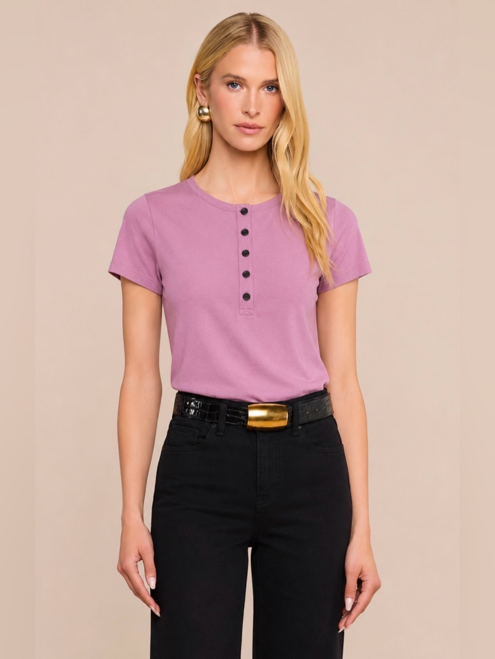 Ralph Lauren Jeans 100% Cotton Pink Half Buttons Short Sleeve T-Shirt Top Size L